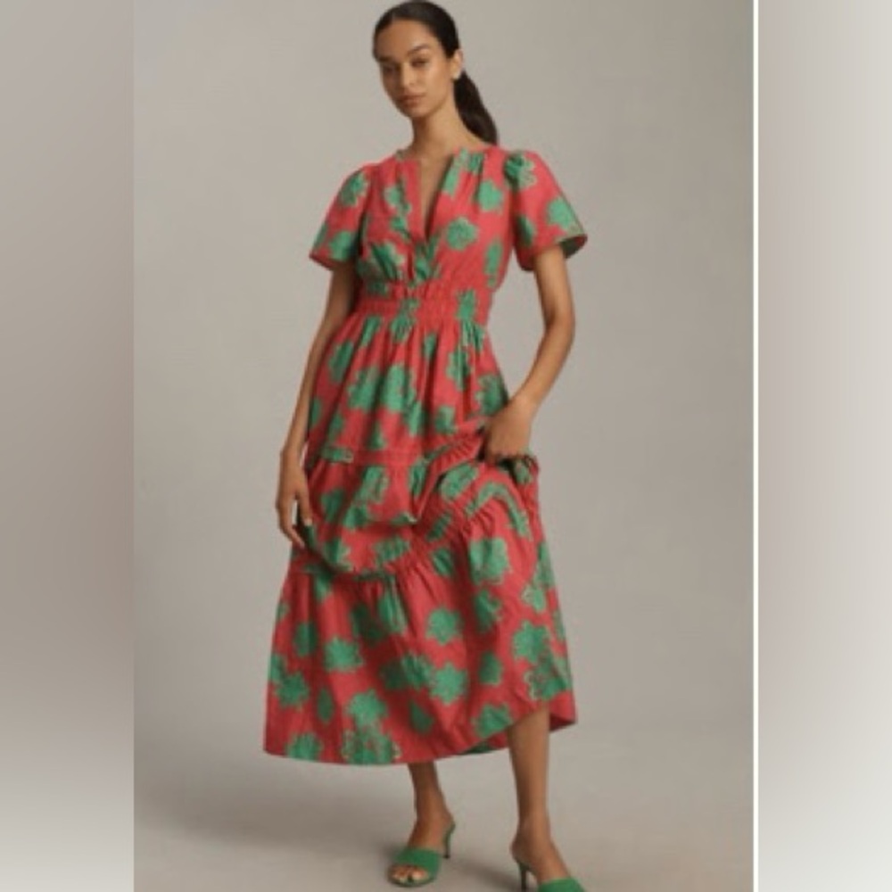 Floral V-Neck Midi Dress in Raspberry pink and Green